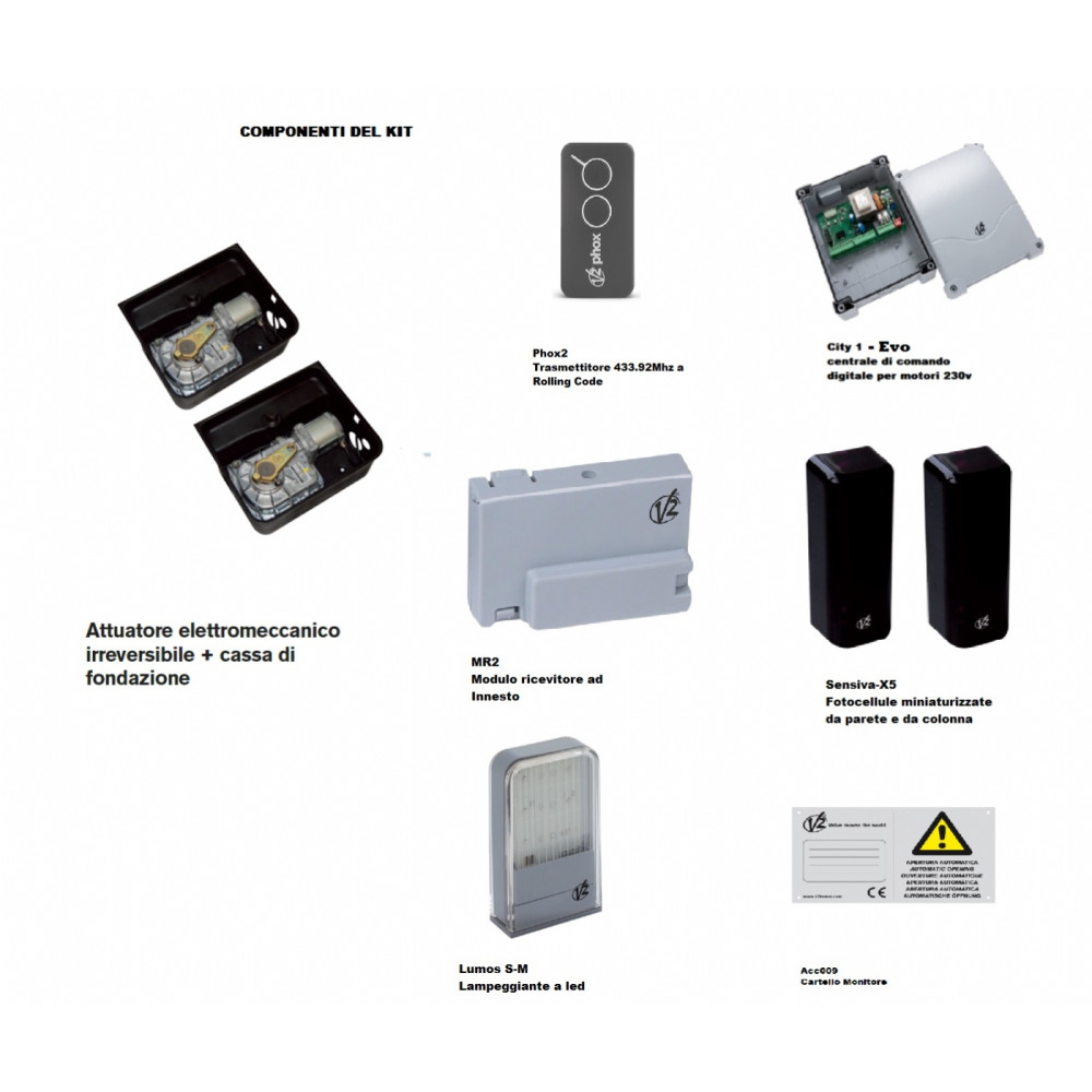 KIT AUTOMAZIONE INTERRATO V2 VULCAN 230V PER CANCELLO 2 ANTE BATTENTE FINO 3,5Mt