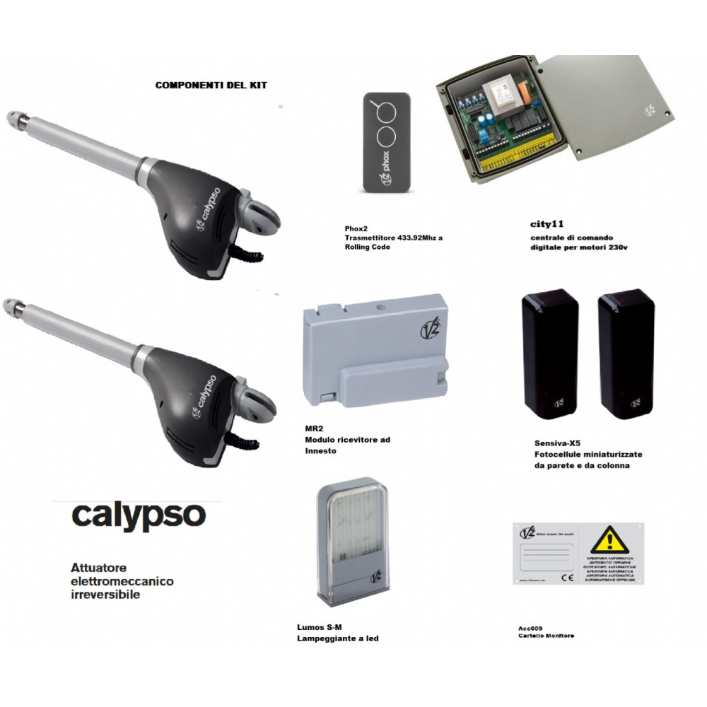 KIT AUTOMAZIONE V2 PER CANCELLO A 2 ANTE 2,5 Mt MOTORE CALYPSO CENTRALE CITY 11